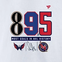 T-shirt Fanatics pour hommes Alexander Ovechkin White, meilleur buteur de tous les temps la LNH des Capitals Washington, l'histoire du 895