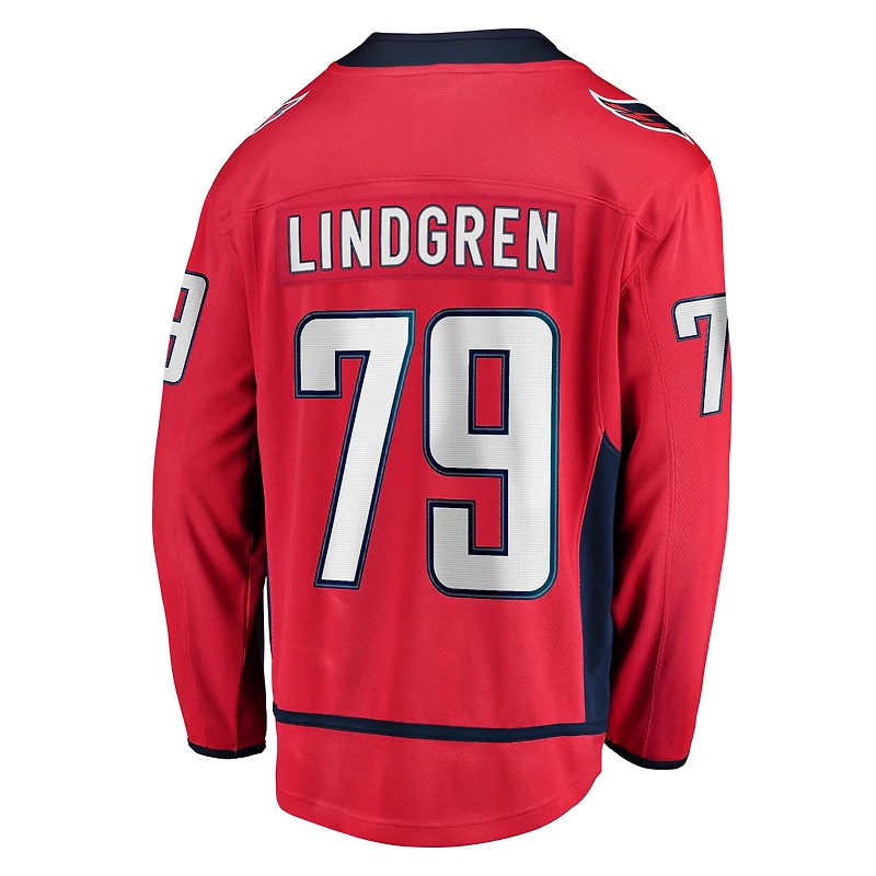 Maillot de joueur échappé à domicile Fanatics Charlie Lindgren rouge des Capitals Washington pour hommes