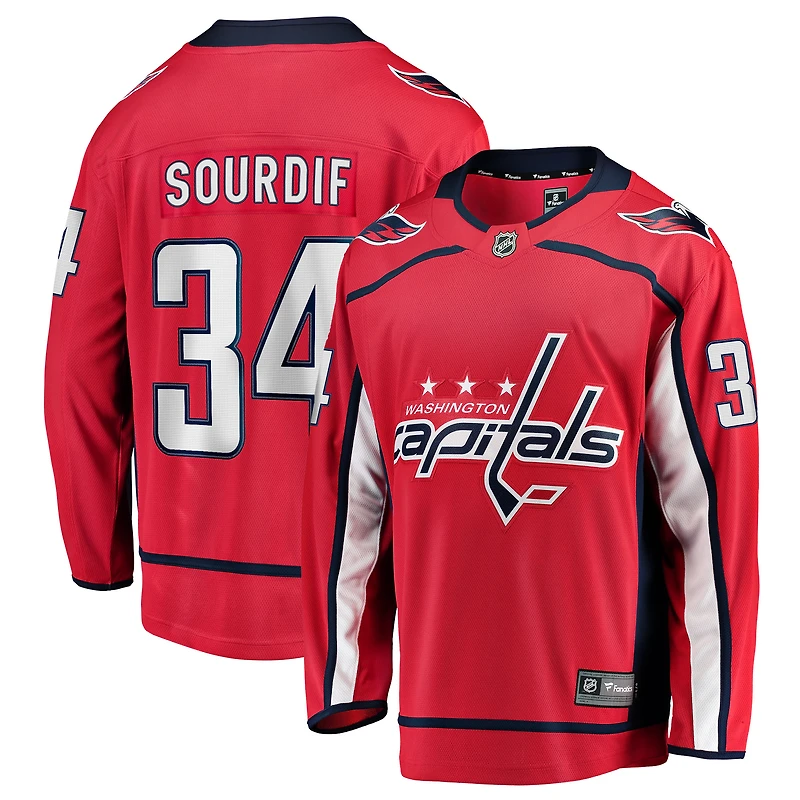 Maillot rouge Justin Sourdif des Capitals de Washington pour hommes Fanatics