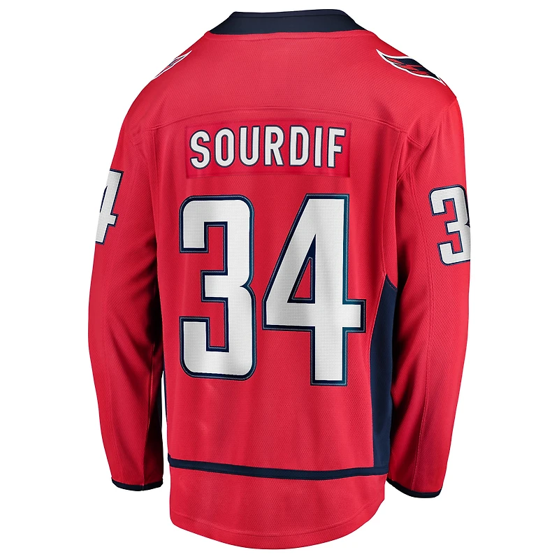 Maillot rouge Justin Sourdif des Capitals de Washington pour hommes Fanatics