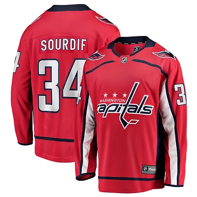 Maillot rouge Justin Sourdif des Capitals de Washington pour hommes Fanatics