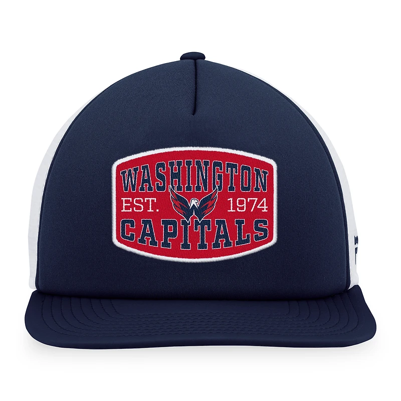 Casquette Snapback de camionneur avec patch en mousse sur le devant en mousse Fanatics pour hommes, bleu marine/blanc, Washington Capitals