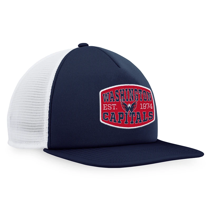 Casquette Snapback de camionneur avec patch en mousse sur le devant en mousse Fanatics pour hommes, bleu marine/blanc, Washington Capitals