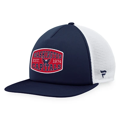 Casquette Snapback de camionneur avec patch en mousse sur le devant en mousse Fanatics pour hommes, bleu marine/blanc, Washington Capitals