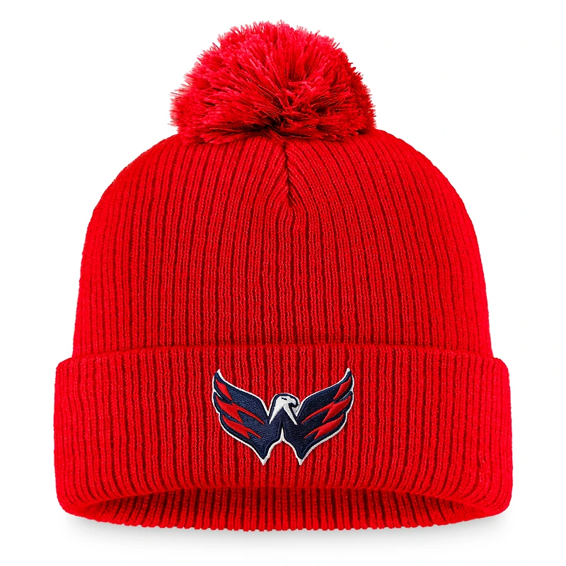 Bonnet en tricot à revers avec logo principal des Capitals de Washington Fanatics pour hommes, rouge, avec pompon
