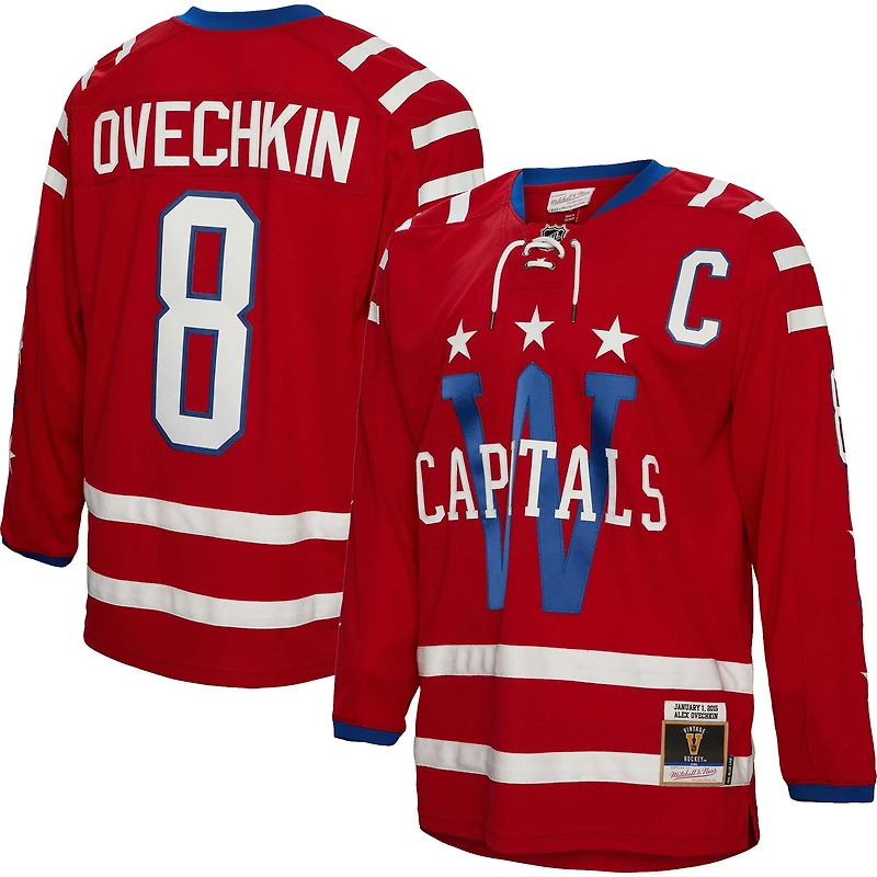 Maillot Homme Mitchell & Ness Alexander Ovechkin Red Washington Capitals 2015 Captain Patch Blue Line Player