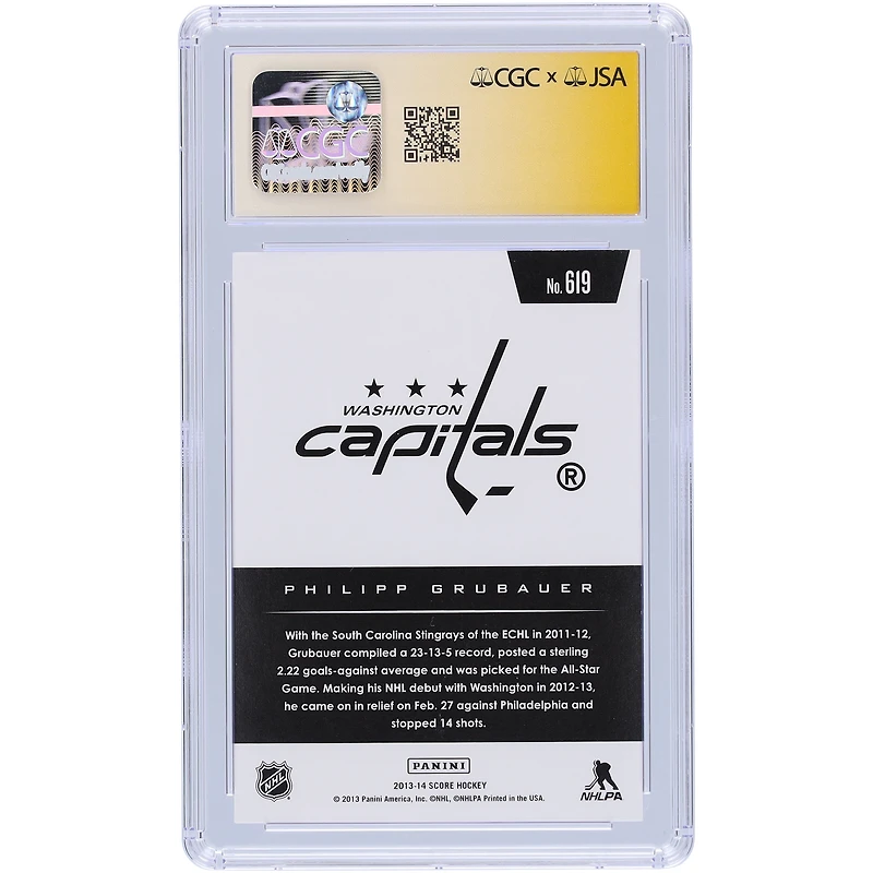 Carte de recrue 9/10 authentifiée 2013-14 Panini Score #619 signée Philipp Grubauer des Capitals de Washington, présentée par des fanatiques de CGC