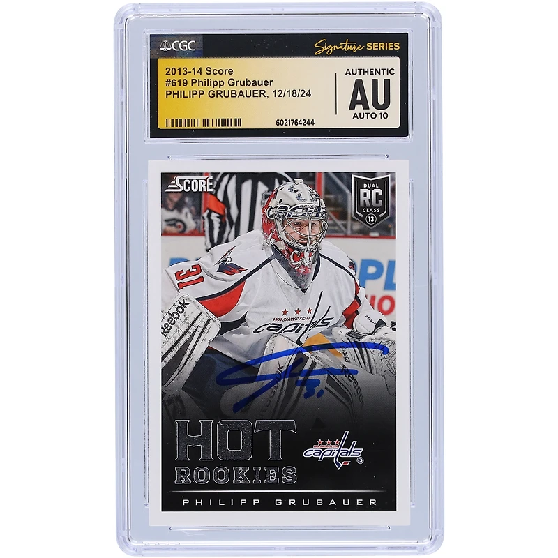 Carte de recrue Panini Score #619 2013-14 autographiée par Philipp Grubauer des Capitals de Washington, carte Auto 10 authentifiée par les fanatiques de CGC