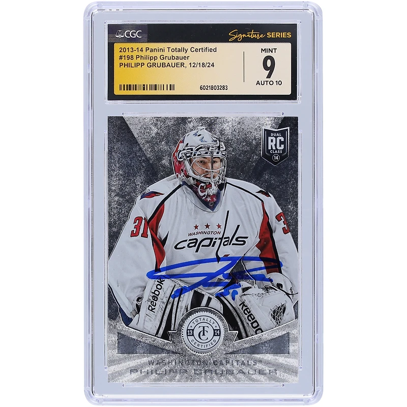 Carte de recrue Panini 2013-14 entièrement certifiée et autographiée par Philipp Grubauer des Washington Capitals #198 CGC Fanatics Witnessed Authenticated 9/10