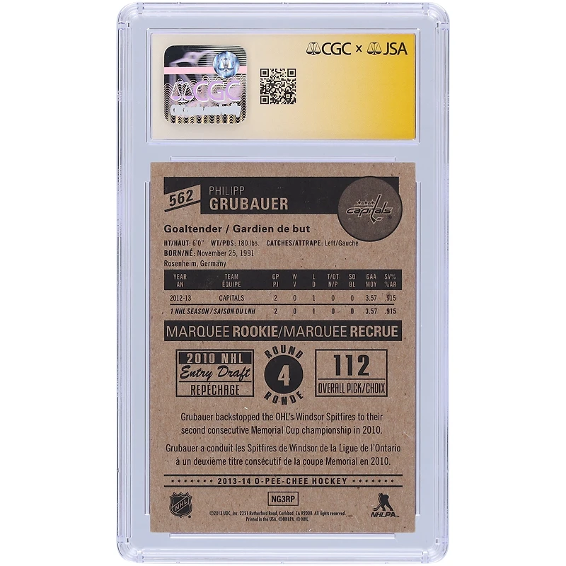 Philipp Grubauer Washington Capitals Autographed 2013-14 Upper Deck O-Pee-Chee #562 CGC Fanatics Witnessed Authenticated Auto 10 Rookie Card