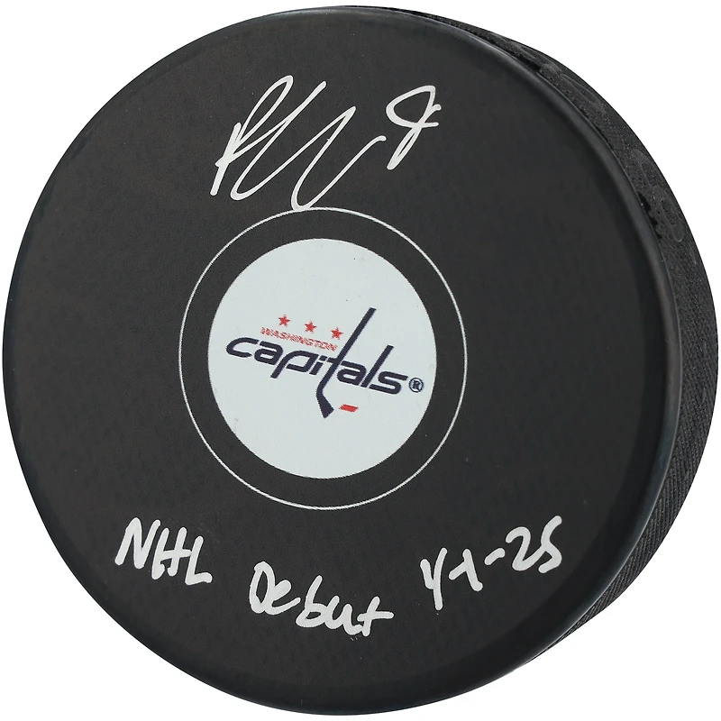 Rondelle de hockey autographiée par Ryan Leonard des Capitals de Washington avec l'inscription « Débuts dans la LNH le 25/04/2025 »