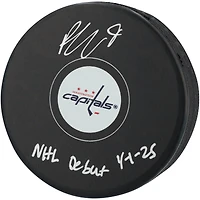 Rondelle de hockey autographiée par Ryan Leonard des Capitals de Washington avec l'inscription « Débuts dans la LNH le 25/04/2025 »