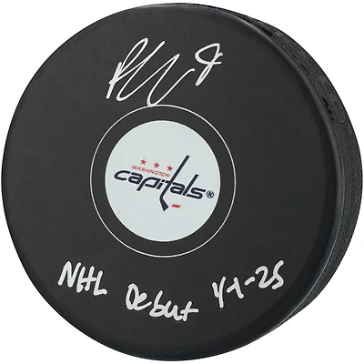 Rondelle de hockey autographiée par Ryan Leonard des Capitals de Washington avec l'inscription « Débuts dans la LNH le 25/04/2025 »