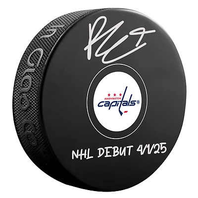 Ryan Leonard Washington Capitals Autographed Autographed Hockey Puck with "NHL Debut 4/1/25" Inscription