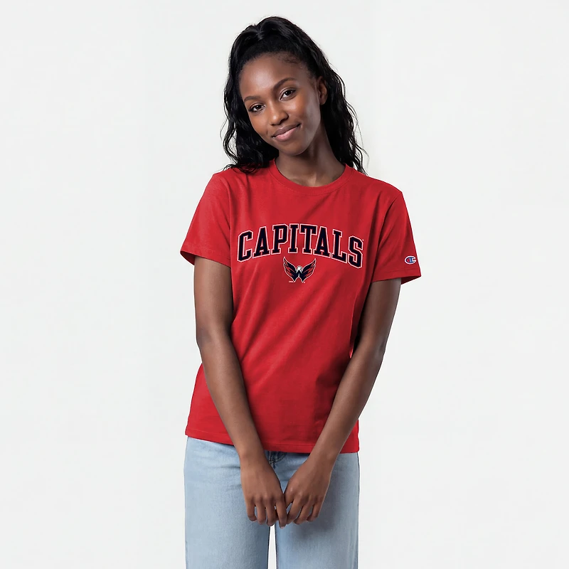 Women's Champion Red Washington Capitals Arch Mascot Logo T-Shirt