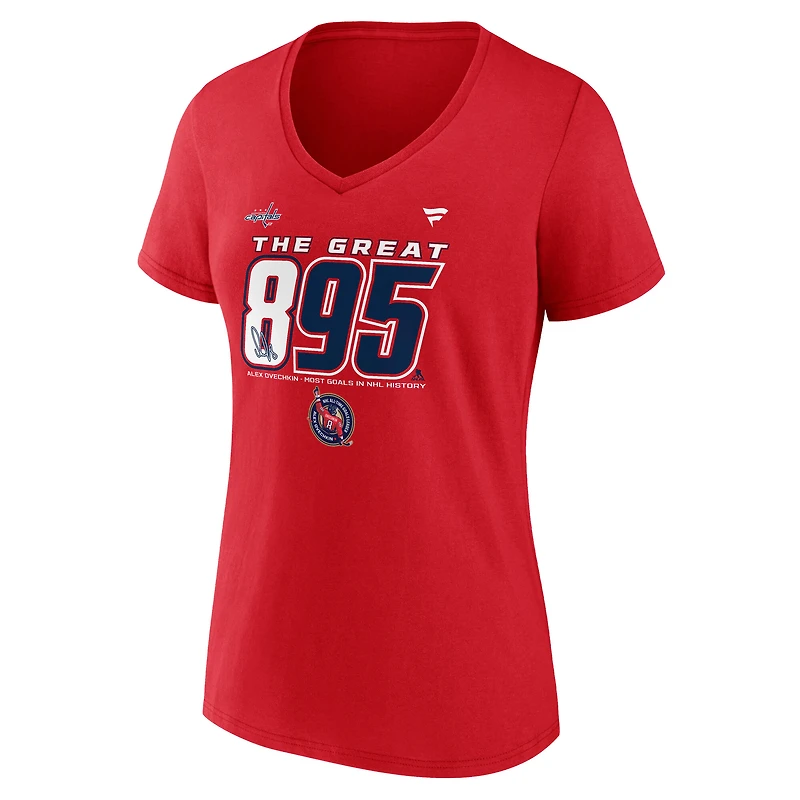 T-shirt à col en V The Great 895 pour femmes, fanatiques de la LNH, Alexander Ovechkin, meilleur buteur tous les temps des Capitals Washington