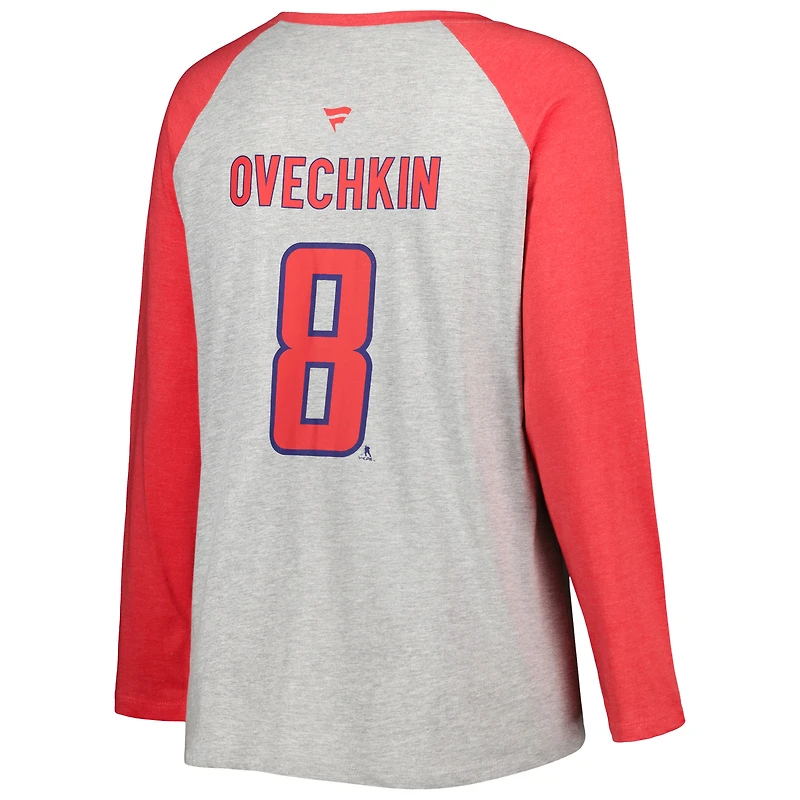 Women's Fanatics Alexander Ovechkin Heather Gray/Heather Red Washington Capitals Plus Name & Number Raglan Long Sleeve T-Shirt
