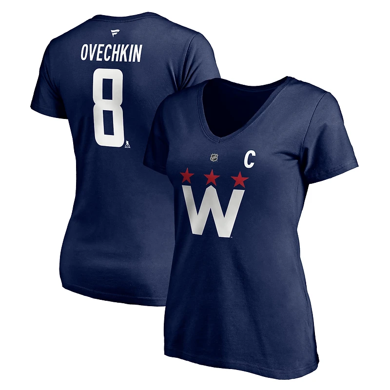 T-shirt authentique à col en V pour femme Fanatics Alexander Ovechkin, bleu marine, Washington Capitals, avec nom et numéro superposés