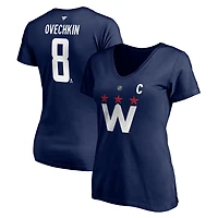 T-shirt authentique à col en V pour femme Fanatics Alexander Ovechkin, bleu marine, Washington Capitals, avec nom et numéro superposés