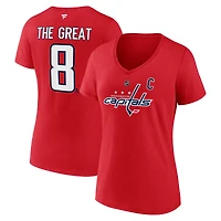 T-shirt à col en V avec nom et numéro The Great 8 pour femmes, fanatiques de la LNH, Alexander Ovechkin, meilleur buteur tous les temps des Capitals Washington