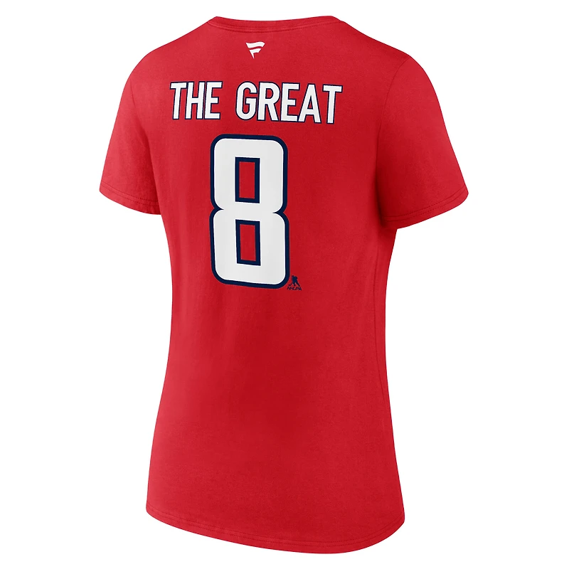 T-shirt à col en V avec nom et numéro The Great 8 pour femmes, fanatiques de la LNH, Alexander Ovechkin, meilleur buteur tous les temps des Capitals Washington