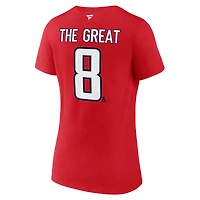 T-shirt à col en V avec nom et numéro The Great 8 pour femmes, fanatiques de la LNH, Alexander Ovechkin, meilleur buteur tous les temps des Capitals Washington