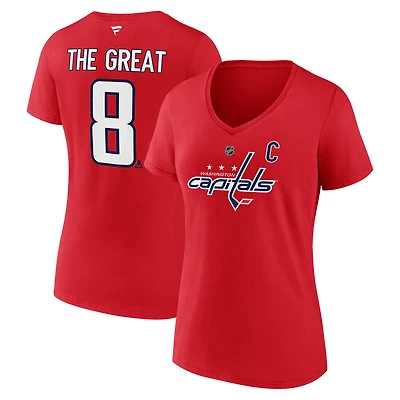 T-shirt à col en V avec nom et numéro The Great 8 pour femmes, fanatiques de la LNH, Alexander Ovechkin, meilleur buteur tous les temps des Capitals Washington