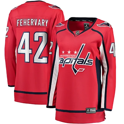 Maillot domicile rouge des Capitals de Washington pour femmes, modèle Martin Fehervary, style Breakaway, la marque Fanatics.