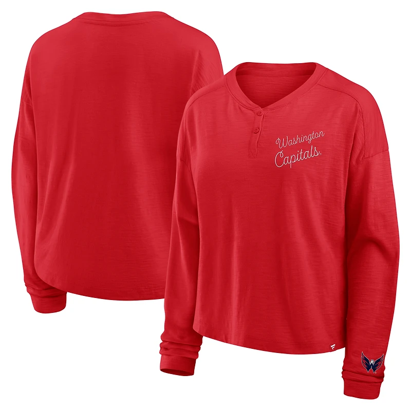 T-shirt Henley surdimensionné à manches longues et col rond pour femme, rouge, Washington Capitals, Fanatics