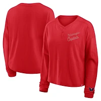 T-shirt Henley surdimensionné à manches longues et col rond pour femme, rouge, Washington Capitals, Fanatics