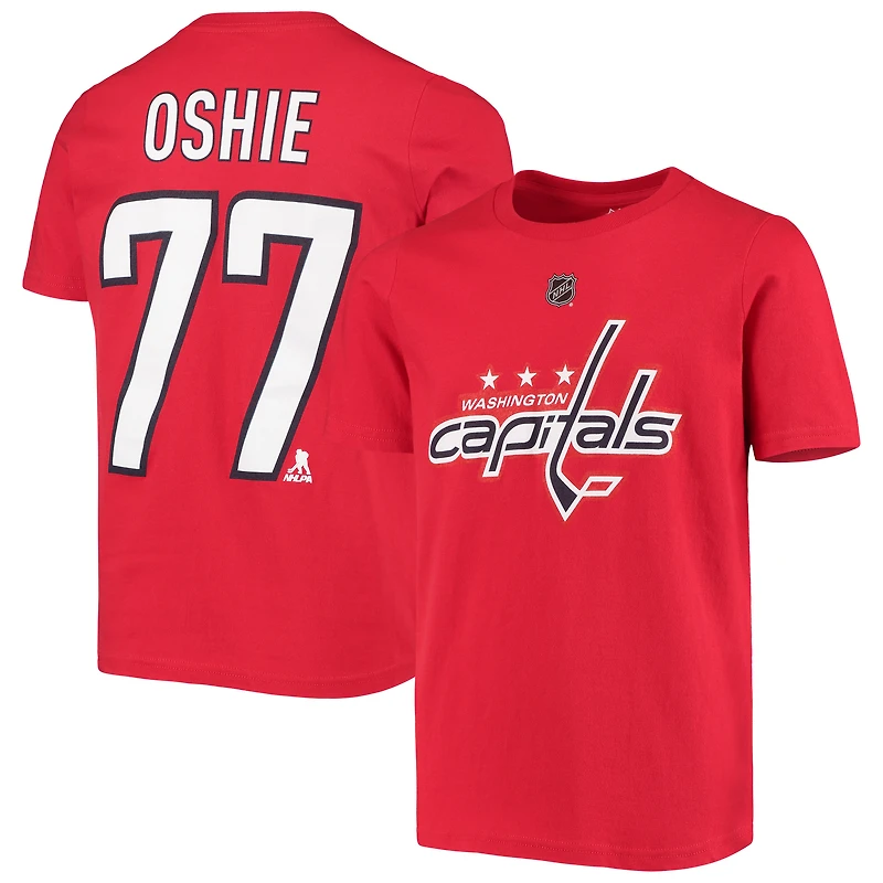 T-shirt TJ Oshie pour jeune avec nom et numéro du joueur des Capitals de Washington, rouge