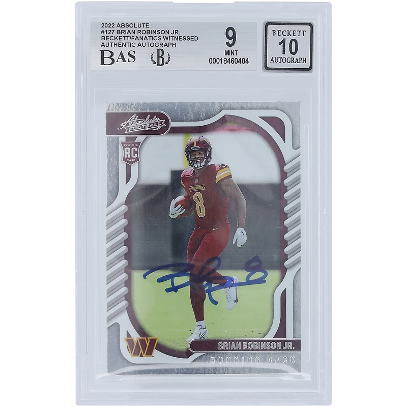Brian Robinson Jr. Washington Commanders Autographié 2022 Panini Absolute #127 Beckett Fanatics Witnessed Authentifié 9/10 Rookie Card