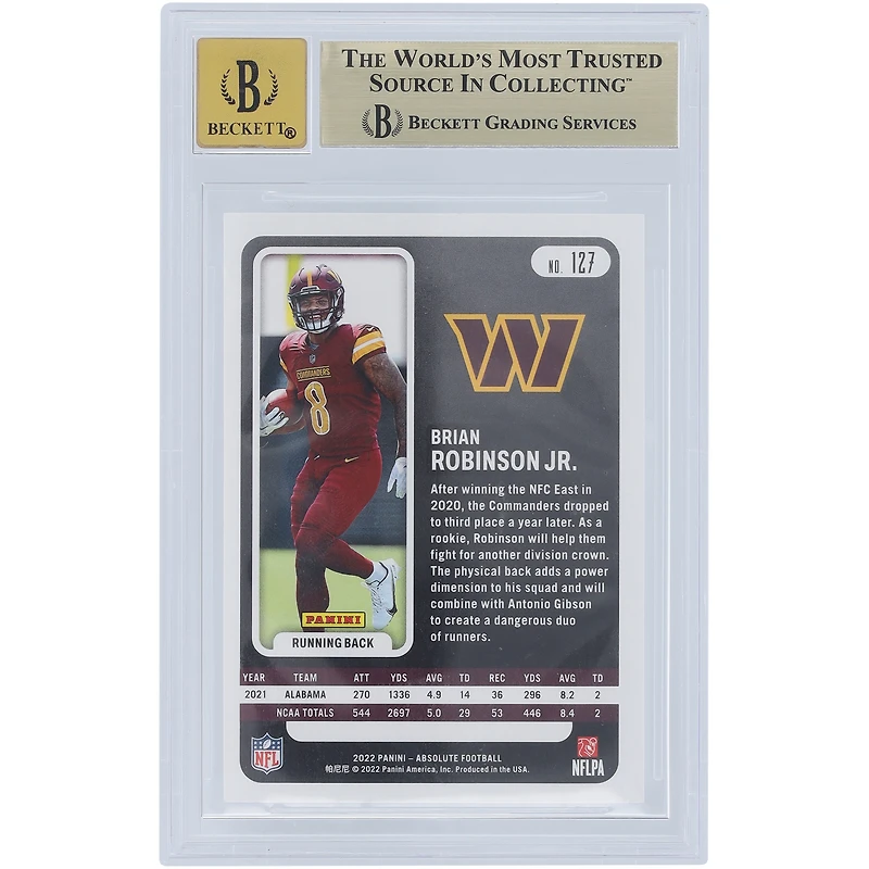 Brian Robinson Jr. Washington Commanders Autographié 2022 Panini Absolute #127 Beckett Fanatics Witnessed Authentifié /10 Rookie Card