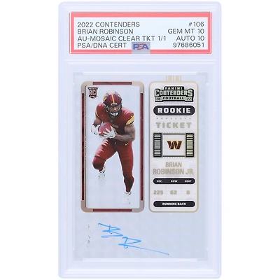 Brian Robinson Jr. Washington Commanders Autographed 2022 Panini Contenders Mosaic Rookie Ticket #106 #1/1 PSA Authenticated 10/10 Rookie Card