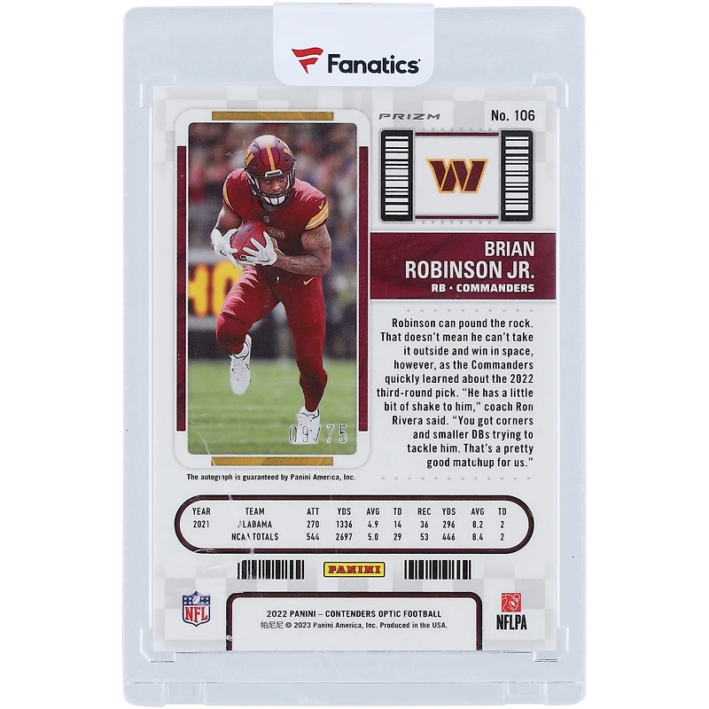 Brian Robinson Jr. Washington Commanders Autographed 2022 Panini Contenders Optic Blue Prizm Rookie Ticket #106 #9/75 Rookie Card