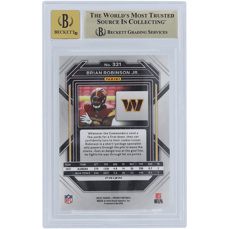 Brian Robinson Jr. Washington Commanders Carte de recrue autographiée Panini Prizm Green #321 2022 Beckett Fanatics Witnessed Authenticated 9.5/10 Rookie