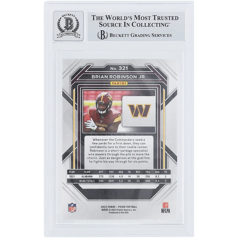 Brian Robinson Jr. Washington Commanders Carte de recrue Panini Prizm n° 321 autographiée 2022 Beckett Fanatics Witnessed Authenticated 9/10 Rookie