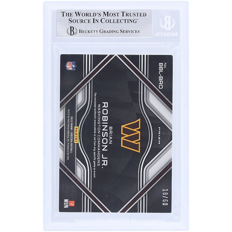 Brian Robinson Jr. Washington Commanders Autographed 2022 Panini Spectra Neon Blue Building Blocks Materials Triple Relic #BBL-BRO #/60 Beckett Fanatics Witnessed Authenticated Rookie Card