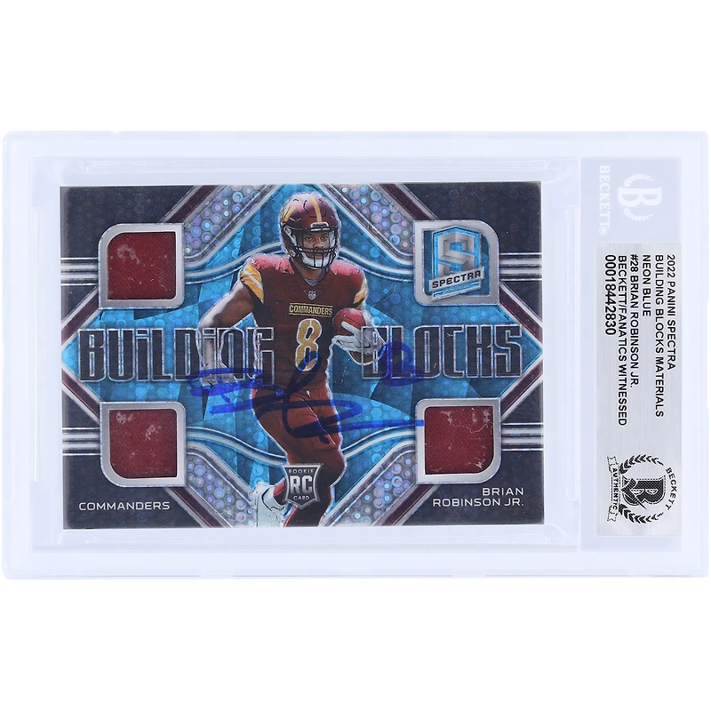 Brian Robinson Jr. Washington Commanders Autographed 2022 Panini Spectra Neon Blue Building Blocks Materials Triple Relic #BBL-BRO #/60 Beckett Fanatics Witnessed Authenticated Rookie Card