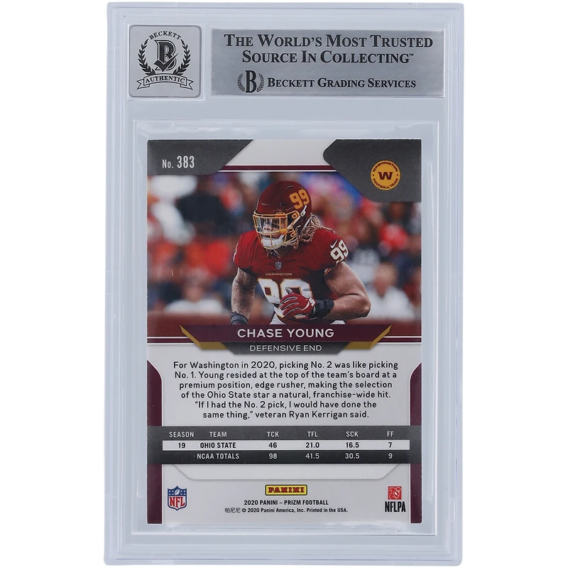 Carte de recrue 10 authentifiée 2020 Panini Prizm #383 signée Chase Young Washington Commanders par les fanatiques de Beckett avec l'inscription « 2020 #2 Pick »