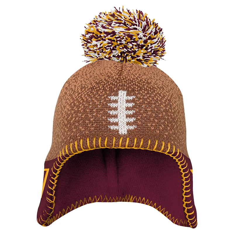 Bonnet tricoté marron pour bébé avec pompon et motif tête de football des Washington Commanders