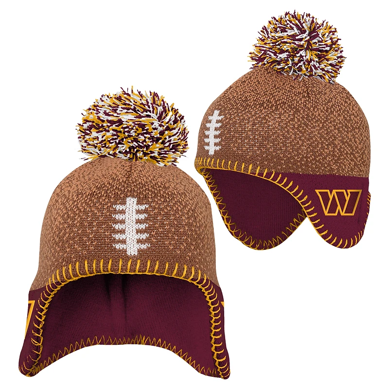 Bonnet tricoté marron pour bébé avec pompon et motif tête de football des Washington Commanders