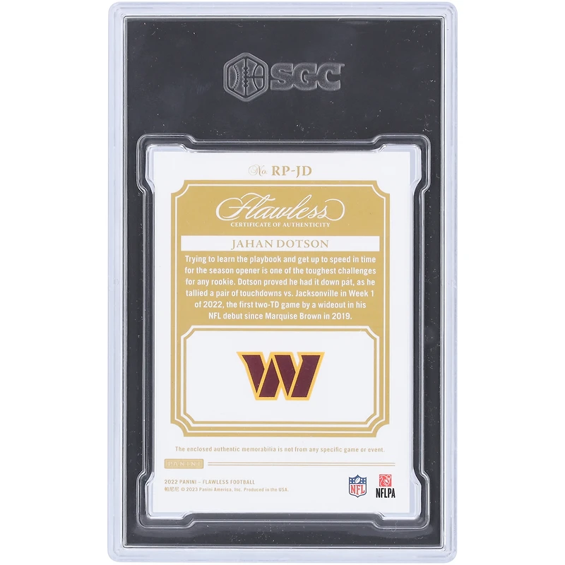 Jahan Dotson Washington Commanders 2022 Panini Flawless Silver Rookie Patch Tri-Color Relic #RP-JD #9/20 SGC Authenticated 9 Rookie Card