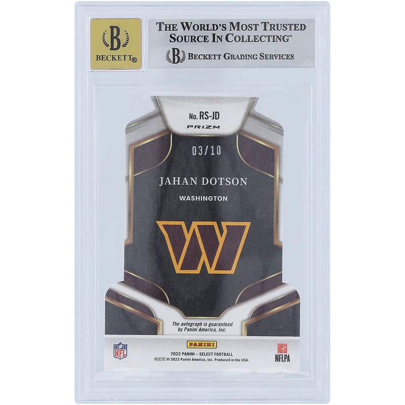 Carte de recrue autographiée Panini Select Gold Prizm Die Cut #RS-JD #3/10 BGS Auto 10 Rookie des Washington Commanders de Jahan Dotson
