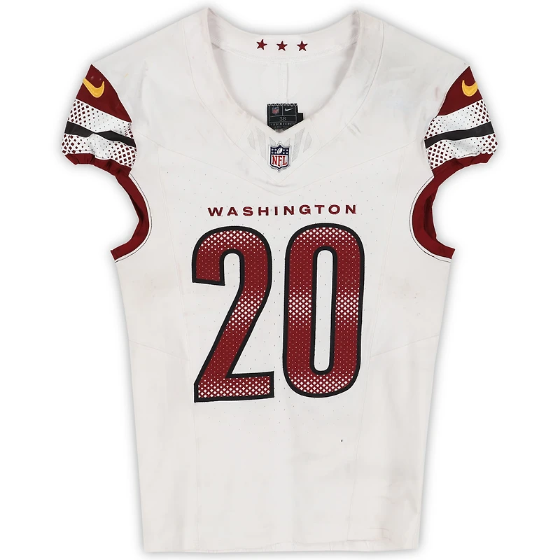 Maillot blanc Nike n° 20 porté par Jartavius ​​Quan Martin des Washington Commanders lors du match contre les Los Angeles Chargers le 5 octobre 2025