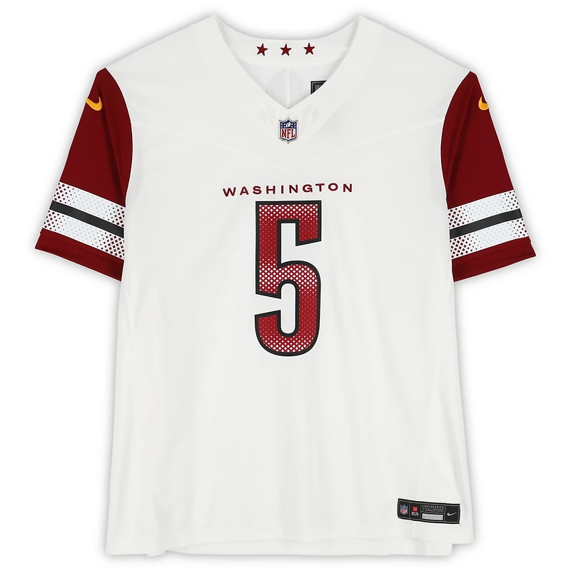 Maillot Nike Vapor F.U.S.E. blanc dédicacé par Jayden Daniels des Washington Commanders, avec l'inscription « 2024 OROY ».