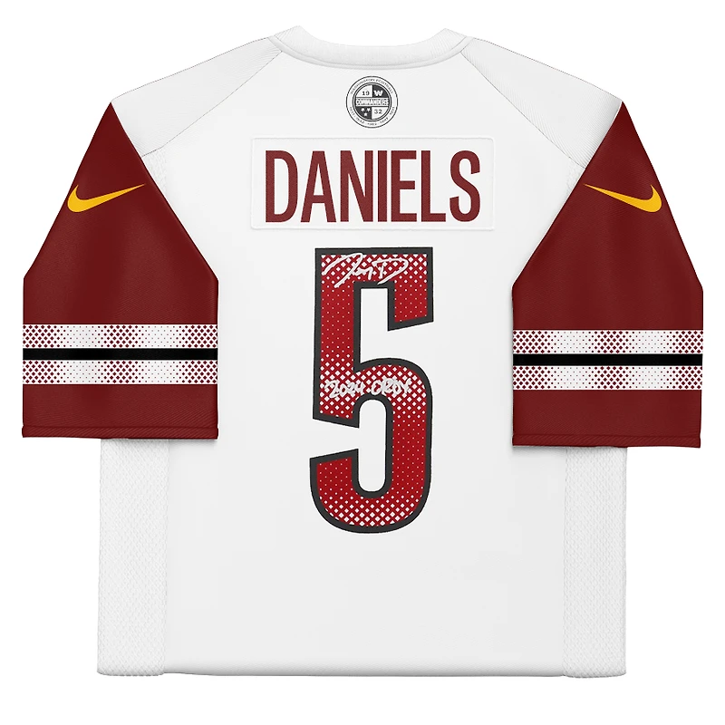 Maillot Nike Vapor F.U.S.E. blanc dédicacé par Jayden Daniels des Washington Commanders, avec l'inscription « 2024 OROY ».
