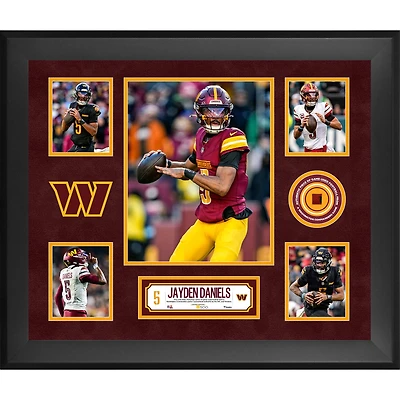 Jayden Daniels Washington Commanders Framed 20" x 24" 5-Photo Collage with a Piece of Game-Used Football - Limited Edition of 500