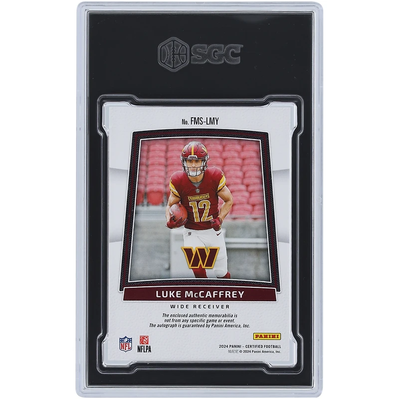 Luke McCaffrey Washington Commanders Autographed 2024 Panini Certified Mirror Black Freshman Fabric NFL Logo Crest Relic Signatures #FMS-LMY #1/1 SGC Authenticated 9/10 Rookie Card
