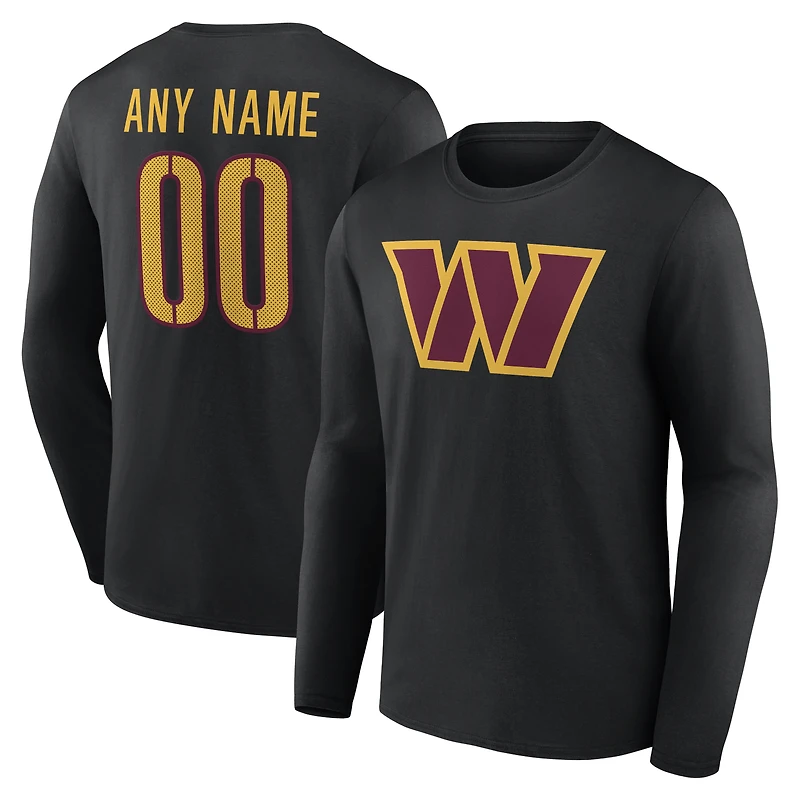 T-shirt à manches longues authentique et personnalisé avec nom numéro de l'équipe des Washington Commanders, noir, pour homme